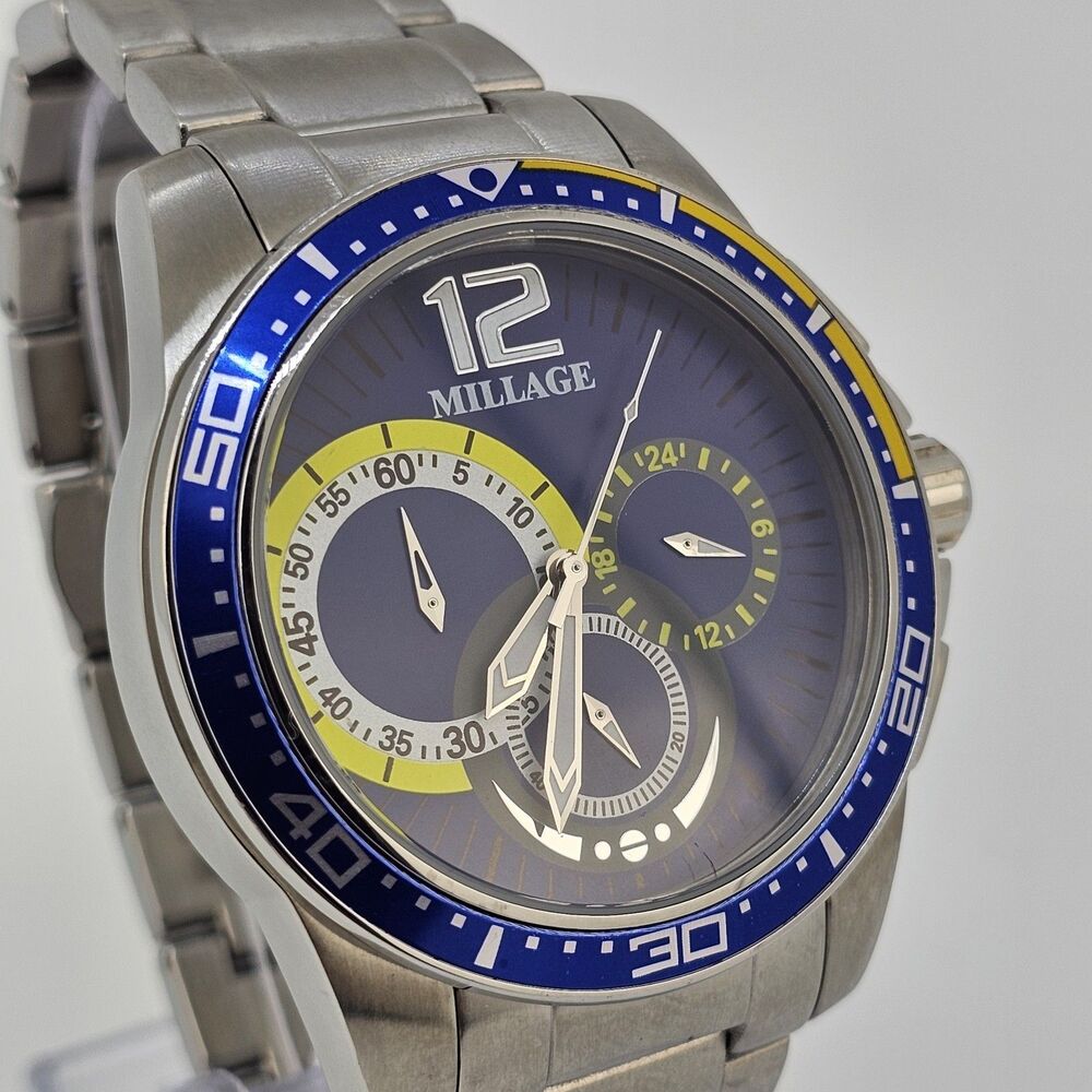 Millage Men's Watch 44MM Blue Dial Gray Bracelet Band 6.5"‎ Wrist New Battery - Picture 4 of 13